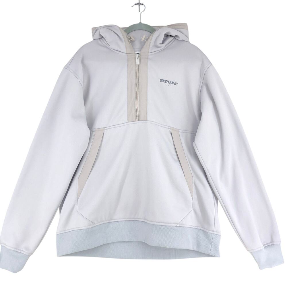 SixthJune Hoodie Mens M Light Gray Half Zip Pullover Kangaroo Pocket Tech Logo